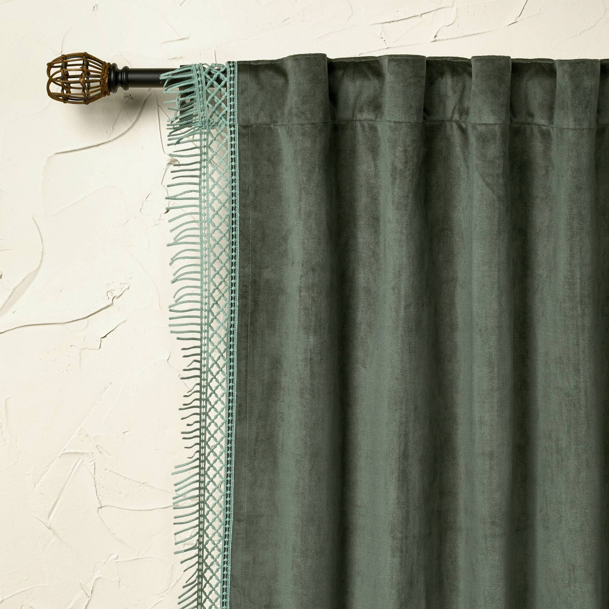 54"x84" Light Filtering Velvet Macrame Trim Window Curtain Panel Teal - Opalhouse Designed with Jungalow